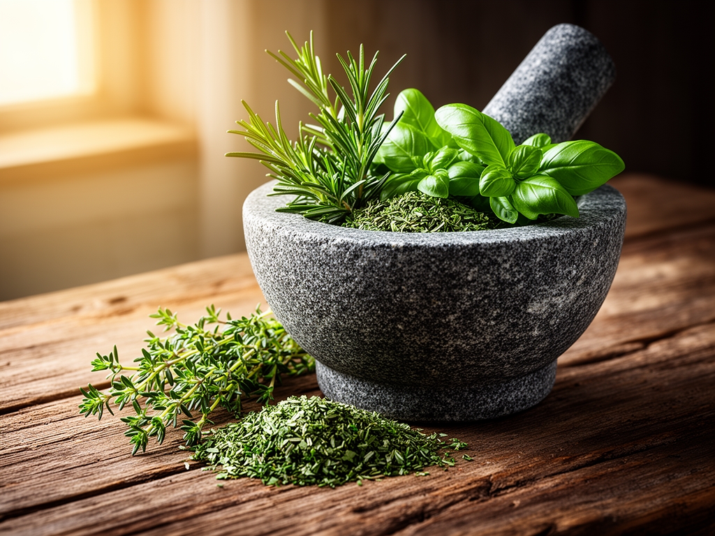 Mortier en granit avec des herbes aromatiques fraîches broyées — thym, romarin et basilic — sur table en bois rustique avec lumière naturelle chaude de côté