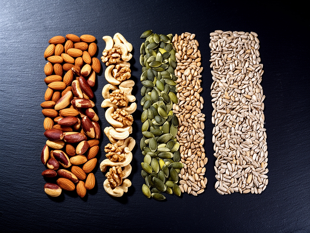 Graines et noix assorties — amandes, noix du Brésil, graines de citrouille et tournesol — disposées en lignes ordonnées sur ardoise noire, lumière studio froide et précise