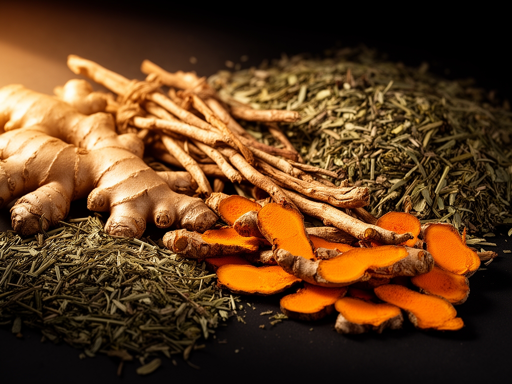 Vue macroscopique de plantes médicinales séchées — racines de gingembre, curcuma et herbes aromatiques sur fond sombre avec lumière chaude et directionnelle