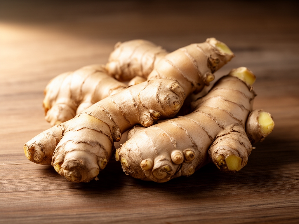 Racines de gingembre fraîches avec leur peau beige rugueuse, disposées sur une surface en bois naturel avec lumière latérale douce mettant en valeur les textures et les nœuds