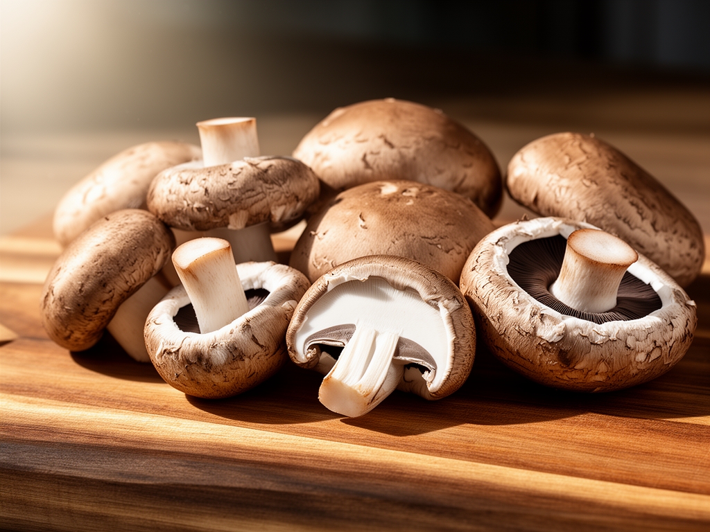 Champignons shiitake et portobello frais disposés sur une planche en bois, avec lumière naturelle directe simulant l'exposition solaire, mise au point sur les textures et les lamelles