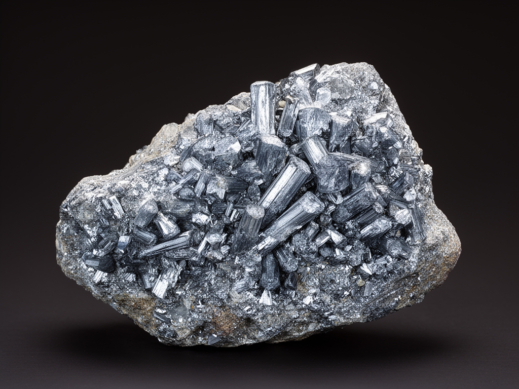 Cristaux minéraux bruts de zinc naturel avec leur teinte gris-bleutée métallique sur fond sombre, éclairage studio qui fait ressortir les facettes cristallines et les reflets