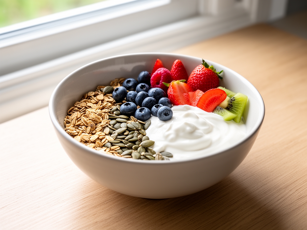 Bol de petit-déjeuner sain avec granola, fruits frais, yaourt nature et graines sur table en bois clair, lumière matinale naturelle douce entrant par une fenêtre