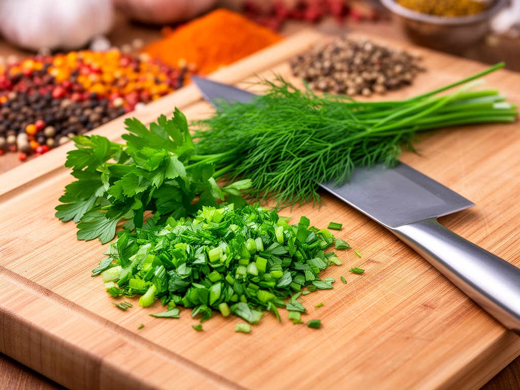 Planche à découper en bois avec herbes aromatiques fraîches hachées — persil, ciboulette, aneth — couteau en acier inoxydable et épices colorées en arrière-plan flou