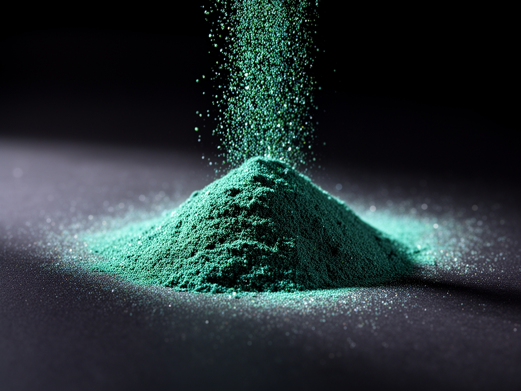 Spiruline bleue-verte en poudre fine déversée délicatement sur surface noire matte, lumière rasante qui révèle la texture et la brillance des microparticules